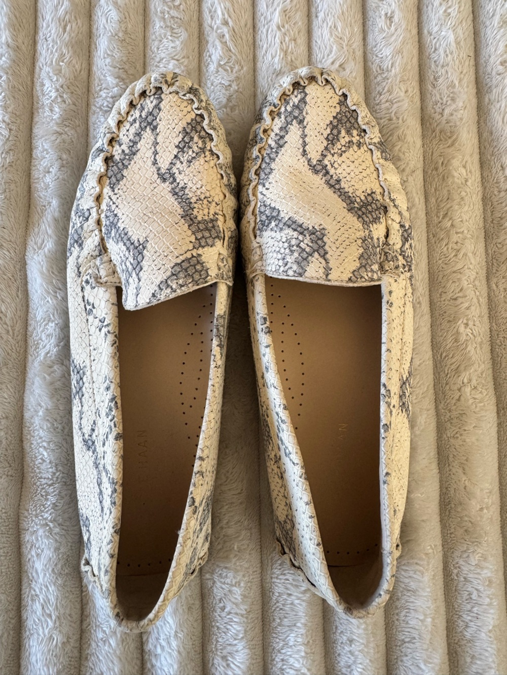 Cole Haan Ivory and Gray Snake-Print Leather Moccasins